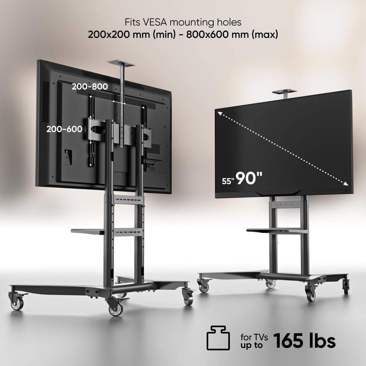 ONKRON Mobile TV Stand on Wheels for 55-90 Inch TV up to 198 lbs, Height Adjustable TV Stand Portable 200x200-800x600 VESA Mobile TV Cart Rolling TV Stand with Shelf/TV Movable Stand Black ONKRON