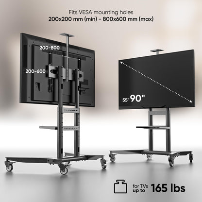 ONKRON Mobile TV Stand on Wheels for 55-90 Inch TV up to 198 lbs, Height Adjustable TV Stand Portable 200x200-800x600 VESA Mobile TV Cart Rolling TV Stand with Shelf/TV Movable Stand Black