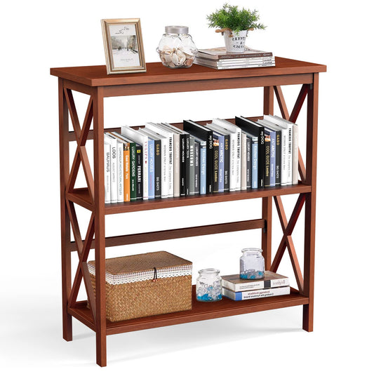 Tangkula Natural 3-Tier Wooden Open Shelf Bookcase with X-Design for Home and Office - WoodArtSupply