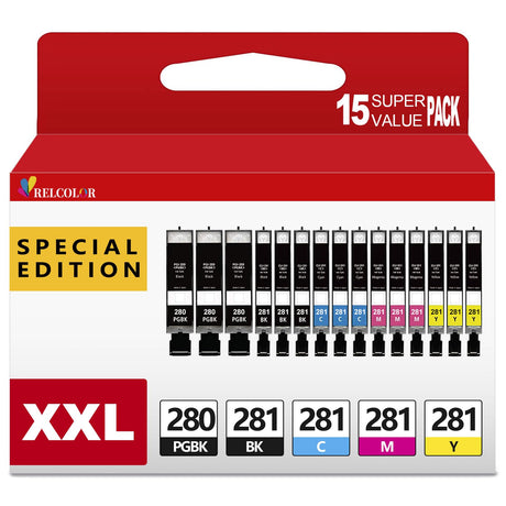 Relcolor 15 Pack 280 281 XXL Ink Cartridges Replacement for Canon PGI 280XXL/281XXL Cartridges 280XL 281XL TR8620a TR8620 TR8520 TR8600 TR7520 TS702a TS9520 TS9521C TS6120 TS6220 TS9120 TS6320 TS8220 Relcolor