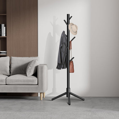 Azaeahom Wooden Coat Rack, Free Standing Coat Rack with 8 Hooks 3 Adjustable Heights for Clothes, Hats, Handbags, Coat Tree Easy Assembly for Entryway, Bedroom, Hallway, Office (New Black) Azaeahom