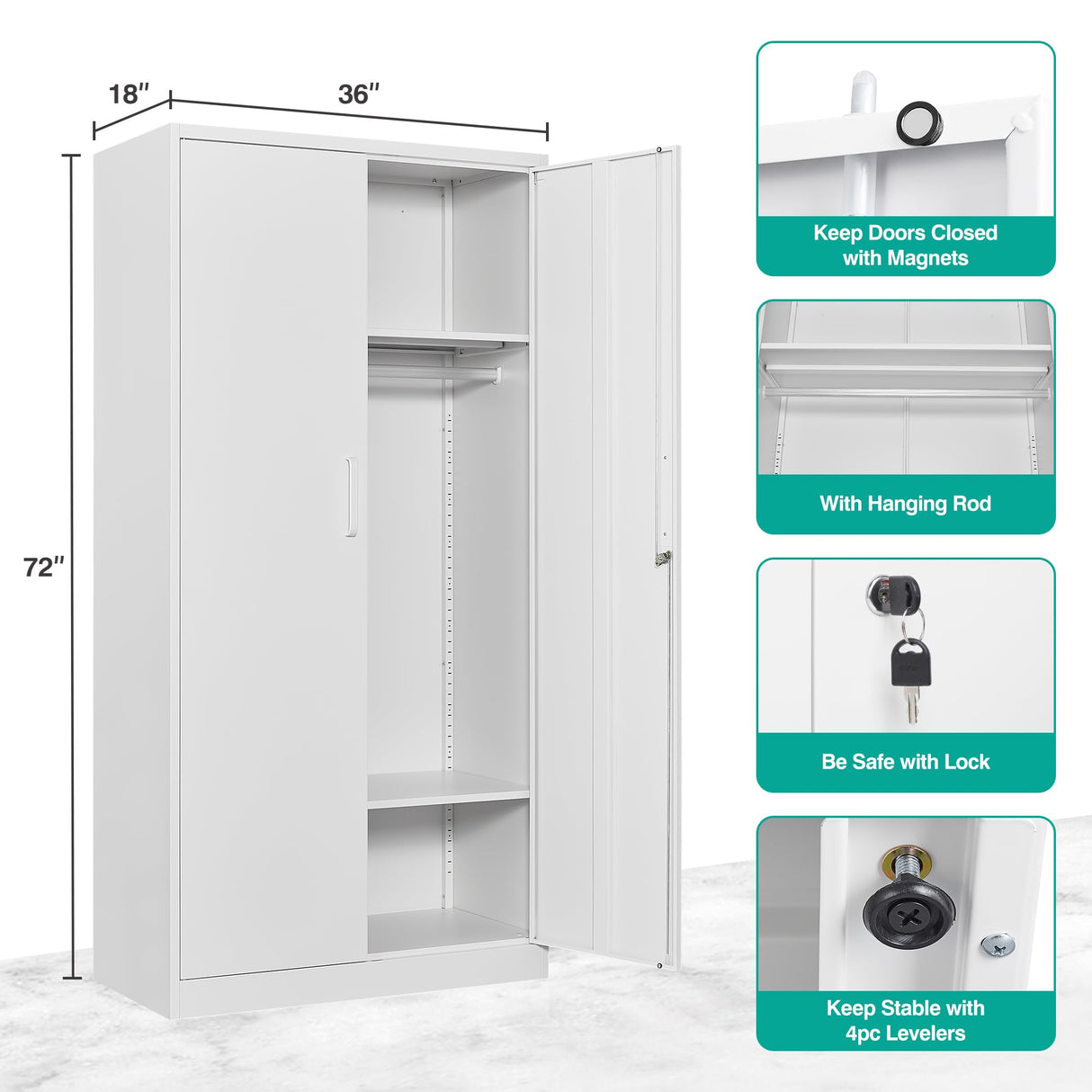 Metal Wardrobe Cabinet with Hanging Rod & Lock,White Armoire Wardrobe Closet,Metal Clothing Storage Cabinet with Adjustable Shelves and Doors,72" Armoire Storage Cabinets for Home,Living/Laundry Room SISESOL