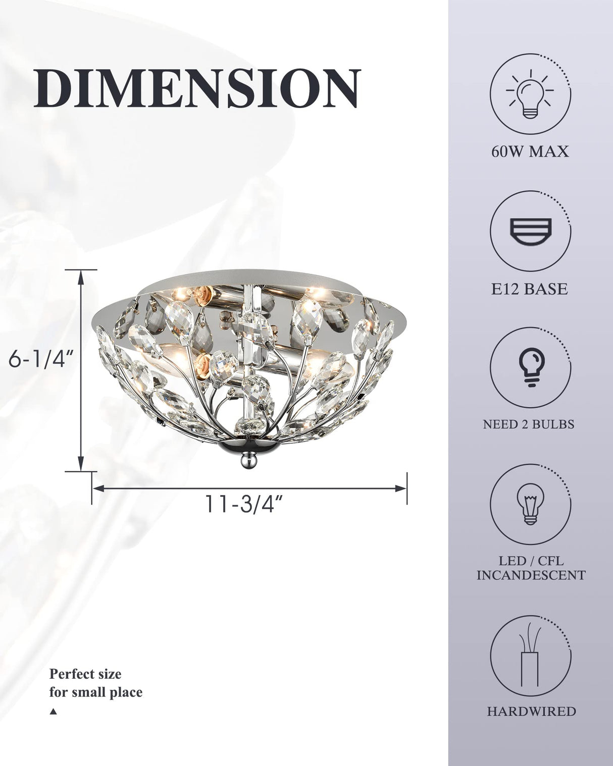12 Inch Crystal Ceiling Light, Silver Chrome Flush Mount Ceiling Lights, 2-Light Modern Lighting Fixture Ceiling Mount for Living Room, Dining Room, Bedroom, Kitchen, Hallway, Entryway,XDD012-2-CH-1 KLKLCH