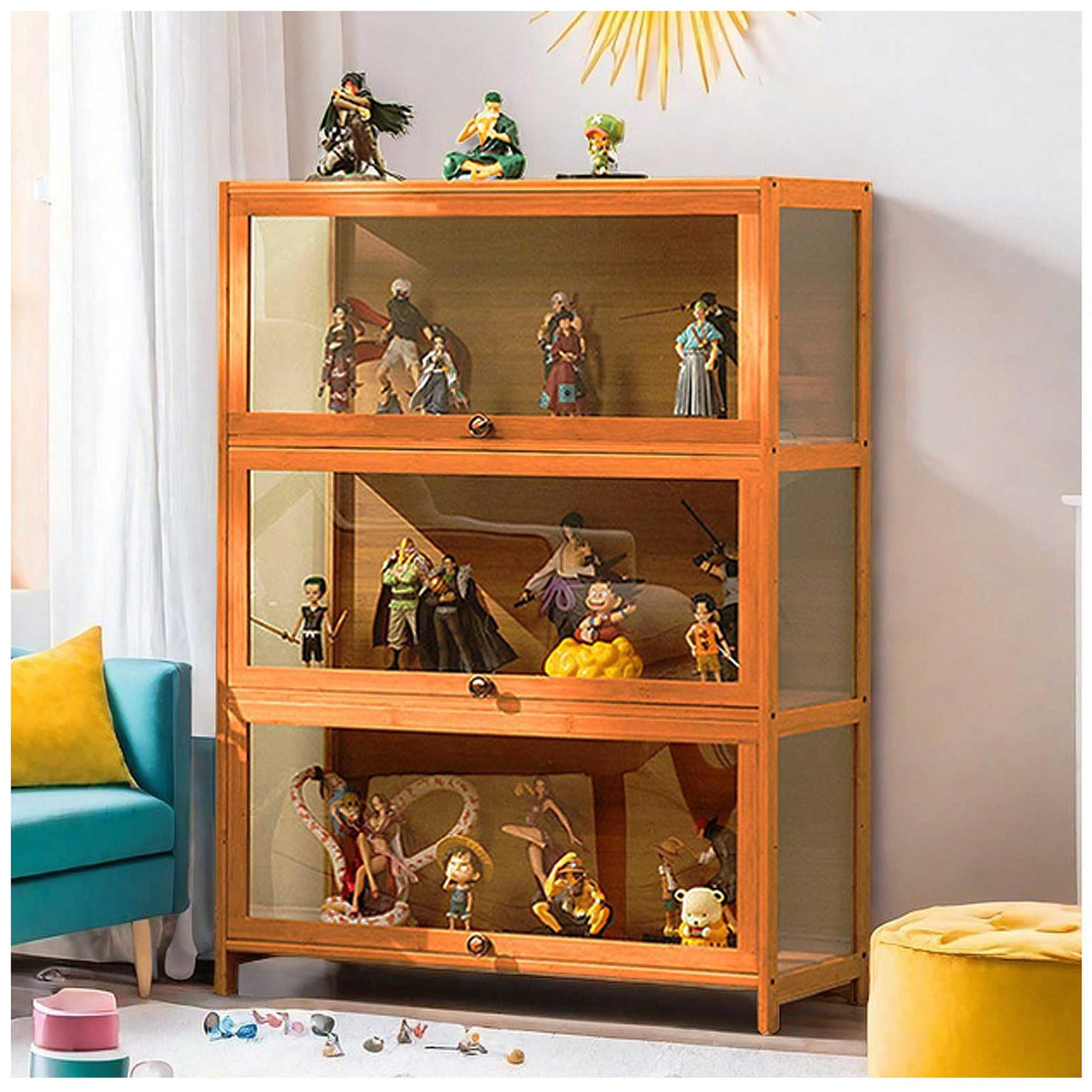 3-Tier Curio Display Cabinet, Storage Shelves with Acrylic Flip Door, Collectibles Toy Organizers Rack & Display Shelf, Bookshelf and Bookcase for Playroom, Bedroom, Office,Wooden,106×80cm/42×32in Generic