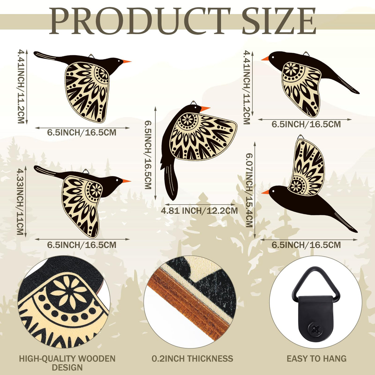 Barydat 5 Pcs Wooden Bird Wall Art Wood Flying Birds Wall Decor Rustic Folk Art Scandinavian Home Decor for Gift Living Room Bedroom Kitchen Office(Black) Barydat