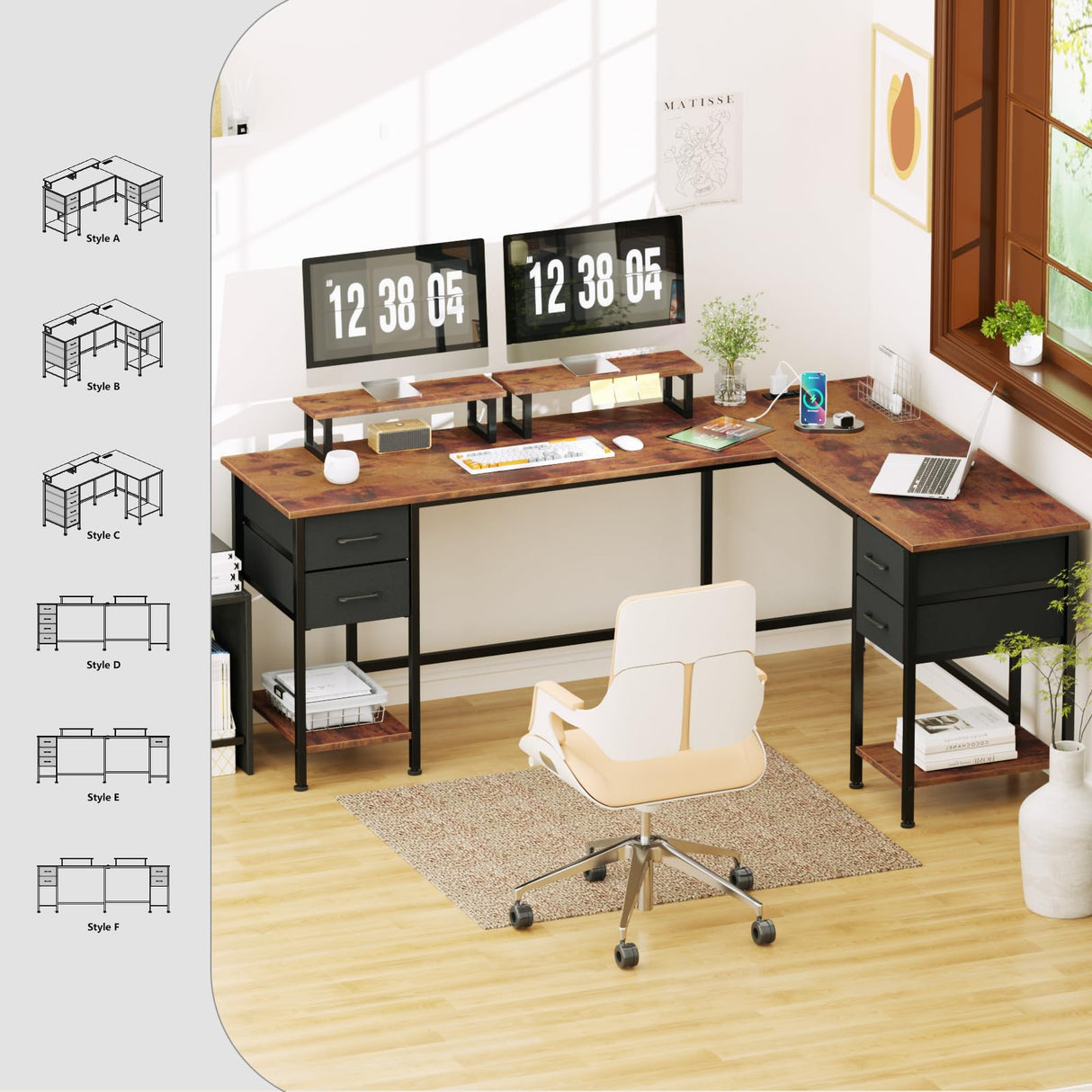 Korfile 66" L Shaped Computer Desk with Power Outlets, Home Office Desk with 4 Adjustable Storage Drawers & 2 Monitor Stands, Large Two Person Gaming Table for Writing Study, Rustic Brown Korfile