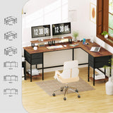 Korfile 66" L Shaped Computer Desk with Power Outlets, Home Office Desk with 4 Adjustable Storage Drawers & 2 Monitor Stands, Large Two Person Gaming Table for Writing Study, Rustic Brown Korfile