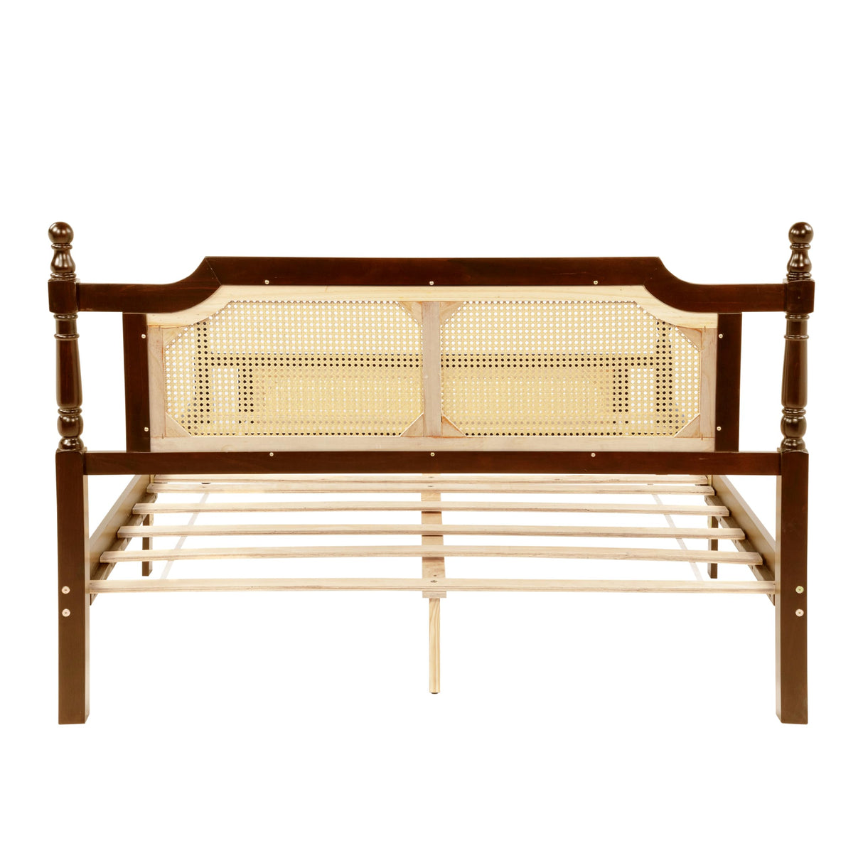 Ball & Cast Queen Traditional Pine Wooden Platform Bed with Rattan Headboard and Footboard,Bed Frame w/Central Enhanced & Underbed Storage Space,Slat Support,for Apartment,Bedroom,Walnut Ball & Cast