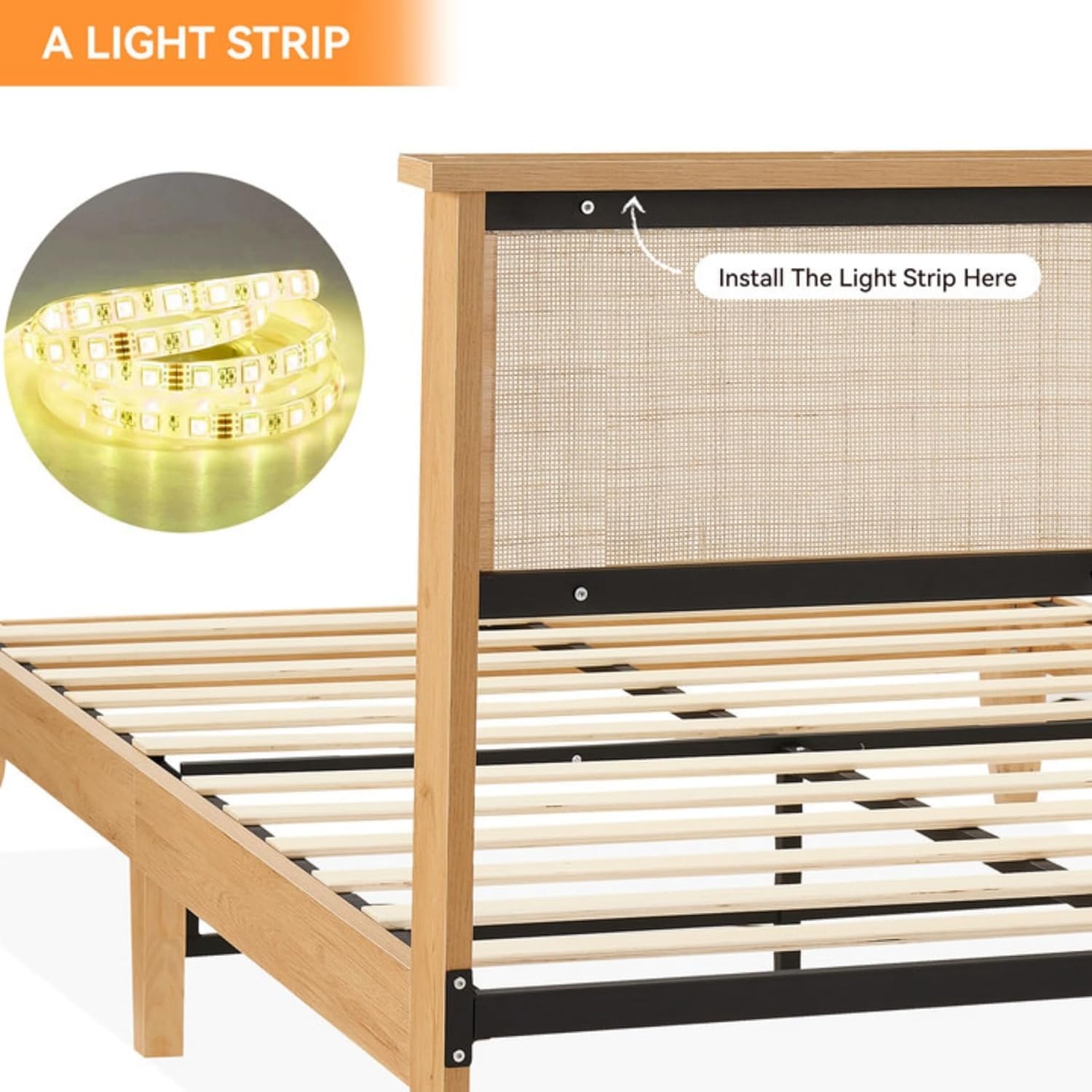 Cozy Rattan Full Bed Frame with Natural Headboard and LED Lights, Sturdy Wood Foundation - WoodArtSupply