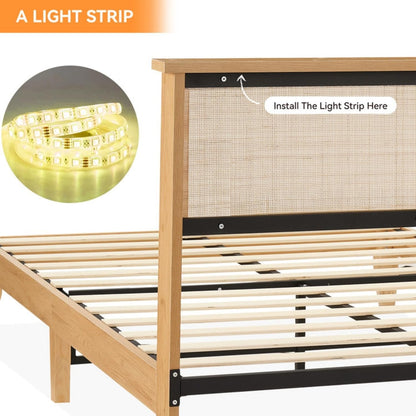 Coucheta Queen Rattan Bed Frame with Natural Headboard and LED Lights - WoodArtSupply