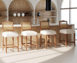 EALSON Counter Height Bar Stools Set of 2 Farmhouse Barstools with Rattan Back Comfortable Upholstered Bar Chairs Mid Century Wood Breakfast Counter Stools for Kitchen Island, Linen Beige EALSON