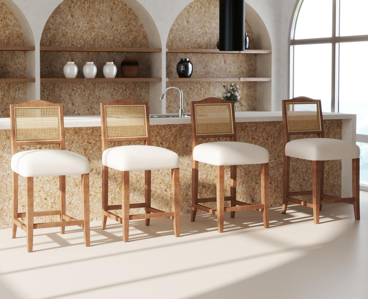 EALSON Counter Height Bar Stools Set of 4 Farmhouse Barstools with Rattan Back Comfortable Upholstered Bar Chairs Mid Century Wood Breakfast Counter Stools for Kitchen Island, Linen Beige EALSON