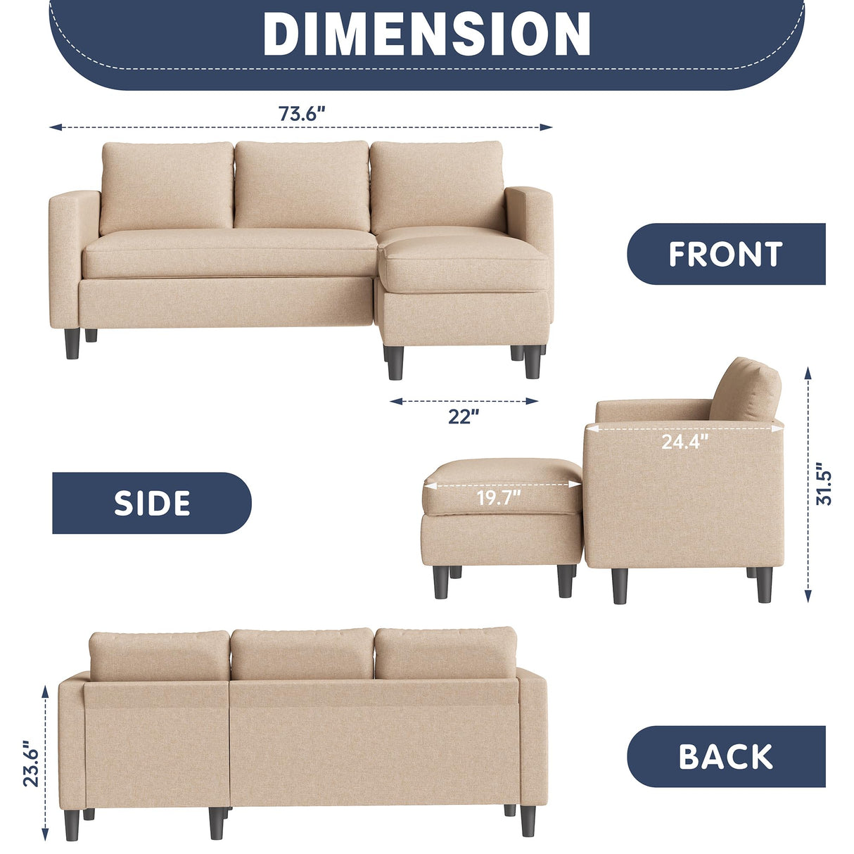 Shintenchi Small Sectional Sofa Couch,3 Seat L Shape Sofas with Ottoman,Upholstered Fabric Convertible Sofa Couches,Small Couches for Apartments, Living Room and Office (Beige) Shintenchi