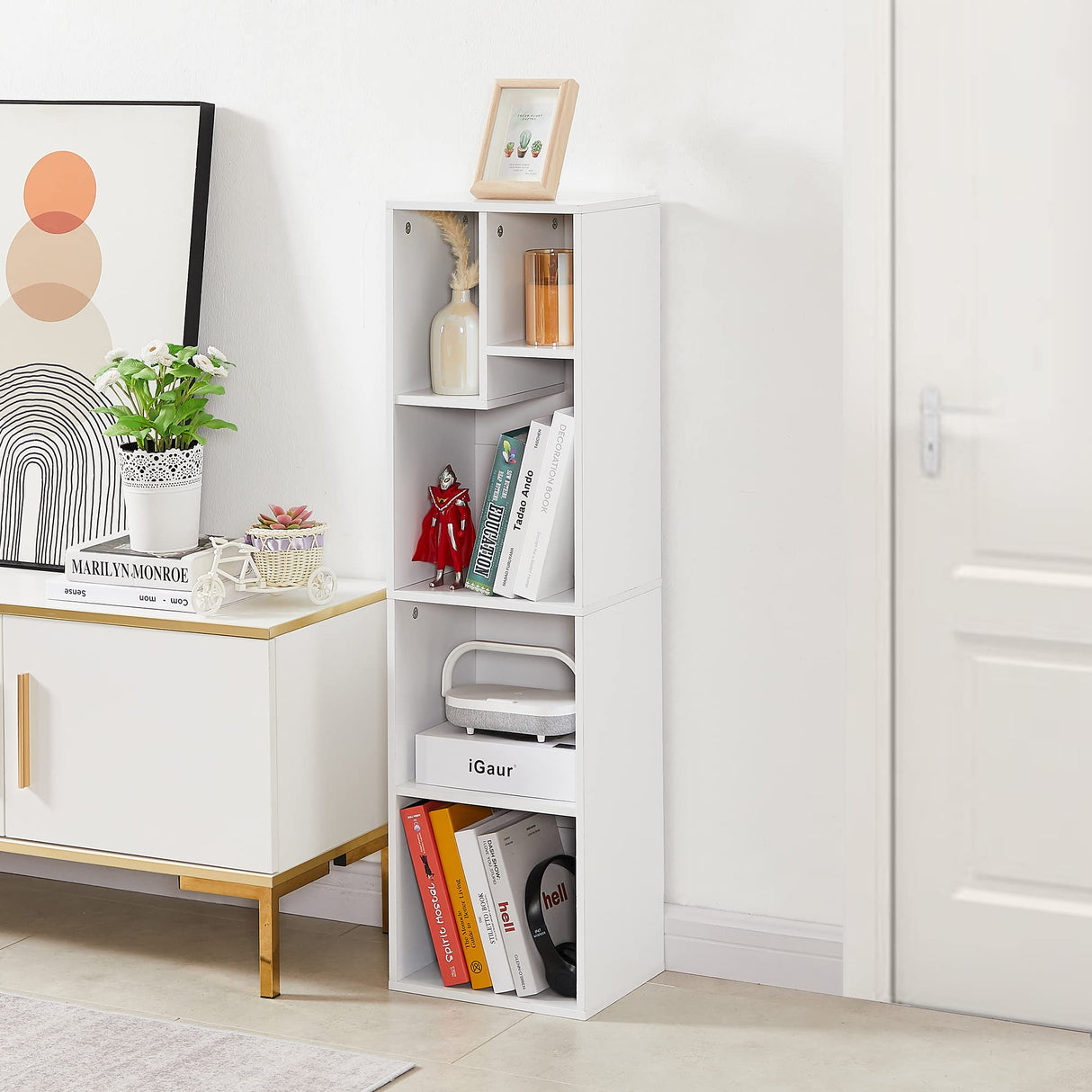 VECELO 4-Tier Bookcase, Modern Storage Cabinet with Height Difference Shelves for Standard Textbooks, 5 Cubes, Vertical or Horizontal, Easy Assembly, Pearl White VECELO