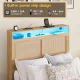 Fameill Twin Bed Frame with LED Light and Storage Rattan Headboard and 4 Drawers,Charging Station,Metal Platform with Strong Metal Slats Support,Boho Cane Bed Mattress Foundation No Box Spring Needed Fameill