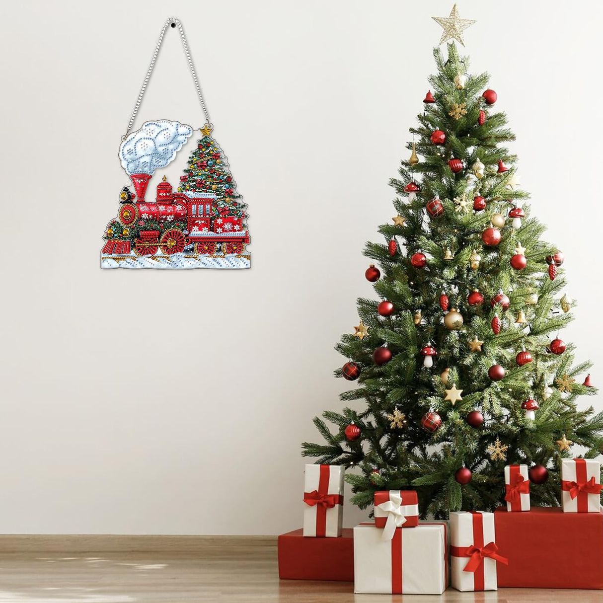 NAIMOER Christmas Diamond Art Hanging Kits for Adults, Christmas Train Diamond Art Suncatchers, 5D Special Shape Fall Diamond Painting Pendant Window Ornament Gifts for Home Garden Door Wall Decor NAIMOER