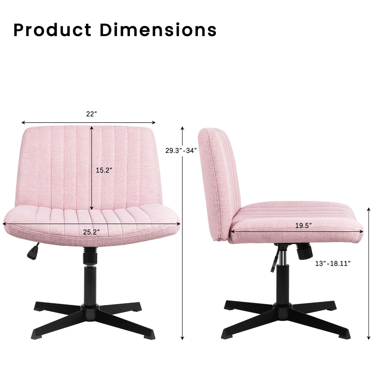 PUKAMI Criss Cross Chair,Armless Cross Legged Office Desk Chair No Wheels,Fabric Padded Modern Swivel Height Adjustable Mid Back Wide Seat Computer Task Vanity Chair for Home Office(Pink) PUKAMI