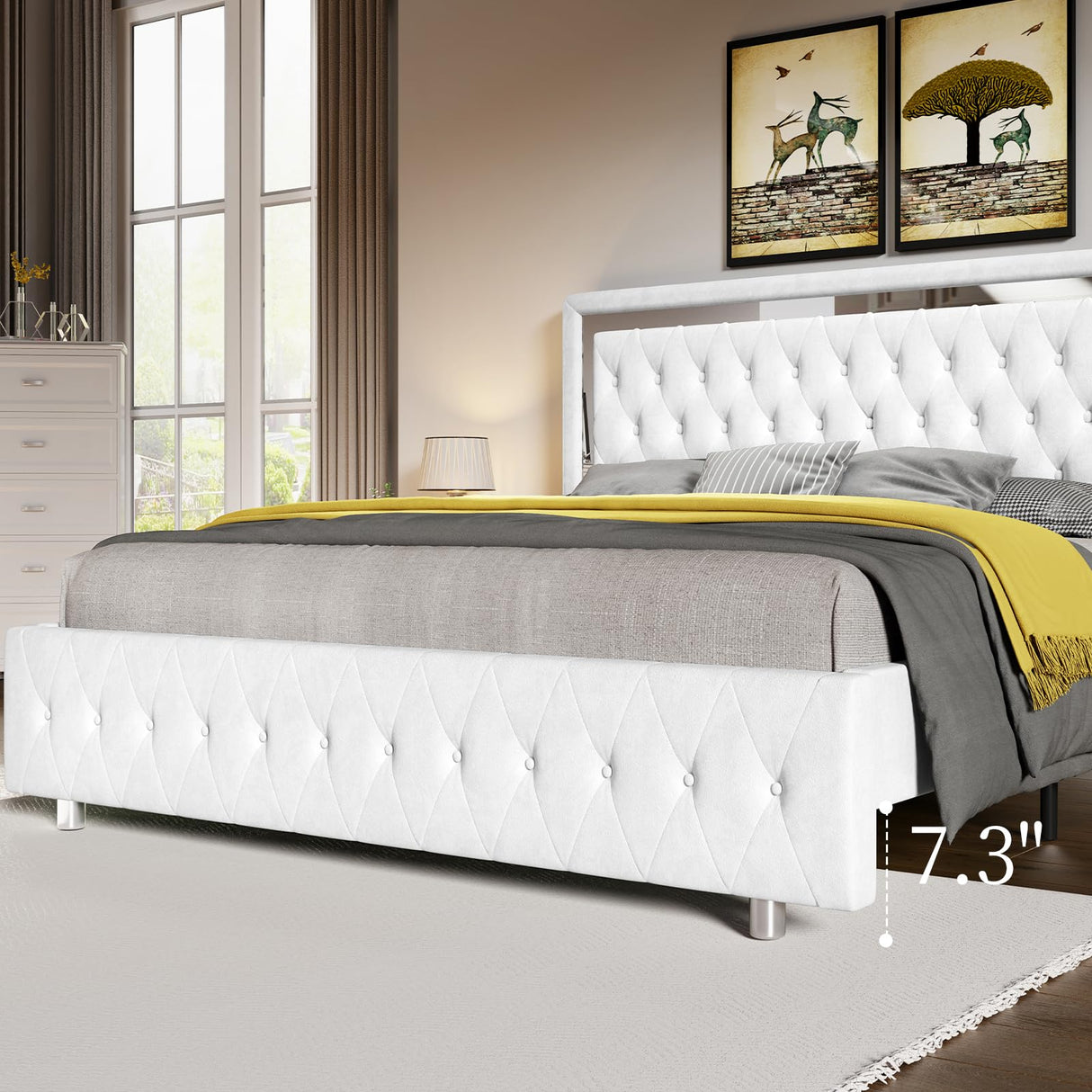 Jocisland Velvet Upholstered Queen Bed Frame with Adjustable LED Headboard & Footboard in White Jocisland