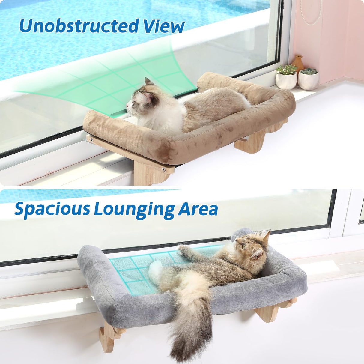 Zakkart Cat Perch for Window Sill with Bolster - Orthopedic Hammock Design with Premium Hardwood & Robust Metal Frame - Cat Window Seat for Large Cats and Kittens - Natural Color Wood with Gray Bed Zakkart