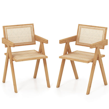 Giantex Rattan Dining Chair Set of 2, Boho Cane Living Room Chairs, Max Load 330 Lbs, Wooden Dining Chairs, Bamboo Accent Armchair for Living Room, Dining Room - WoodArtSupply