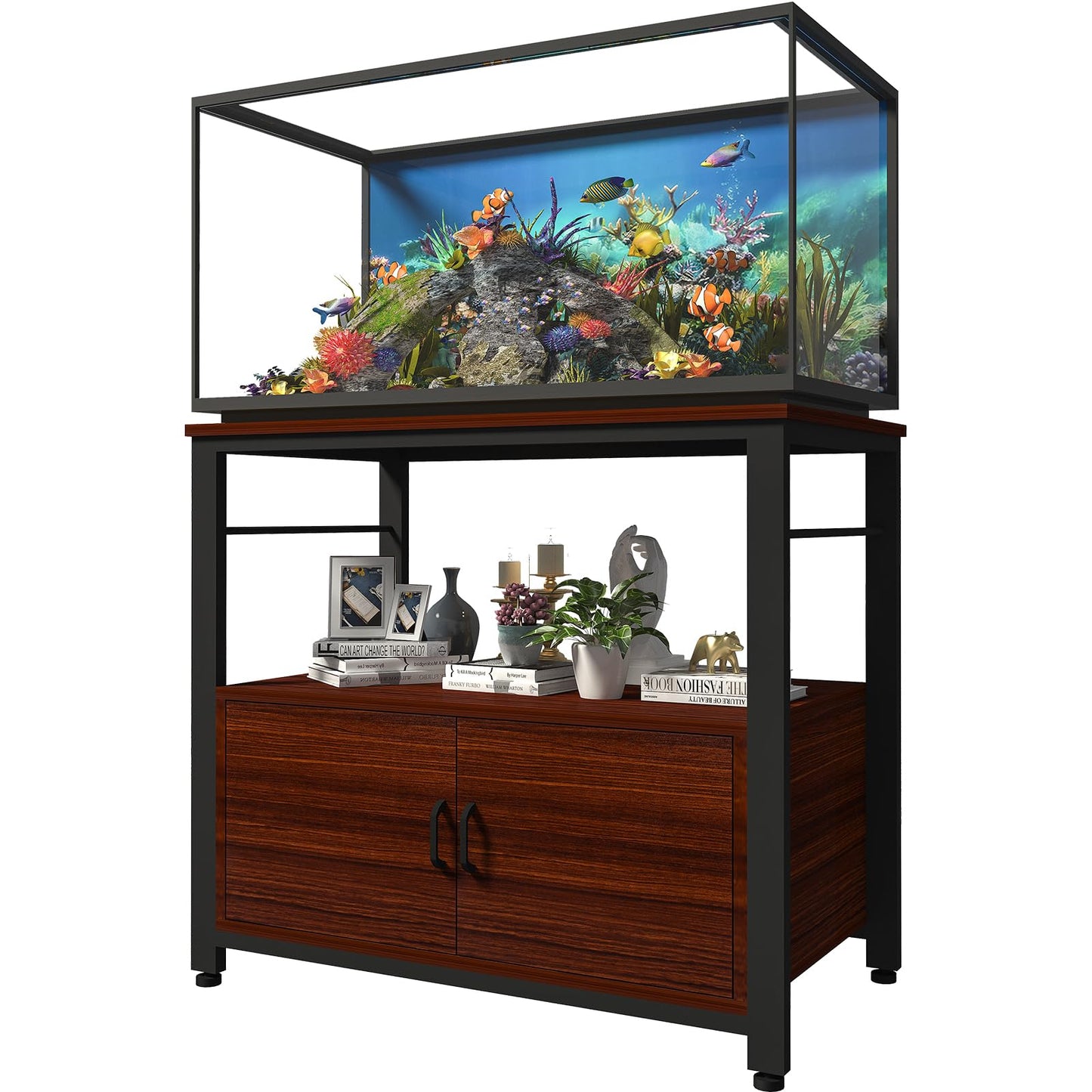 Avolander Fish Tank Stand Metal Aquarium Stand with Cabinet Accessories Storage 40-50 Gallon, Double Layer Metal with Storage Weight Capacity 760lbs, Black Teakwood Brown