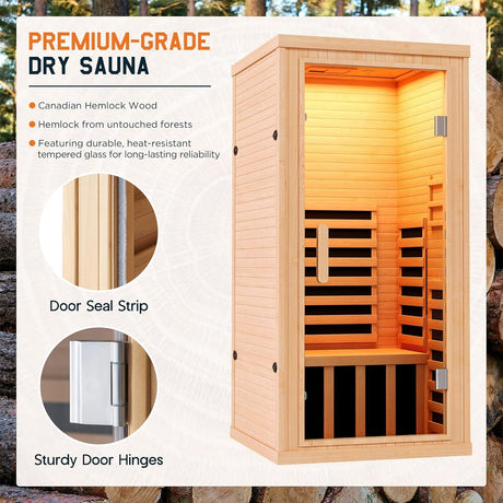 Albott Infrared Sauna Room, 1260W/110V Canadian Hemlock Wood 1 Person Infrared saunas for Home with 7 Color Therapy Lamp, Foot Heater, Dual Bluetooth Speaker, LCD Control Panel, 32.3x32.3x66.1inch Albott