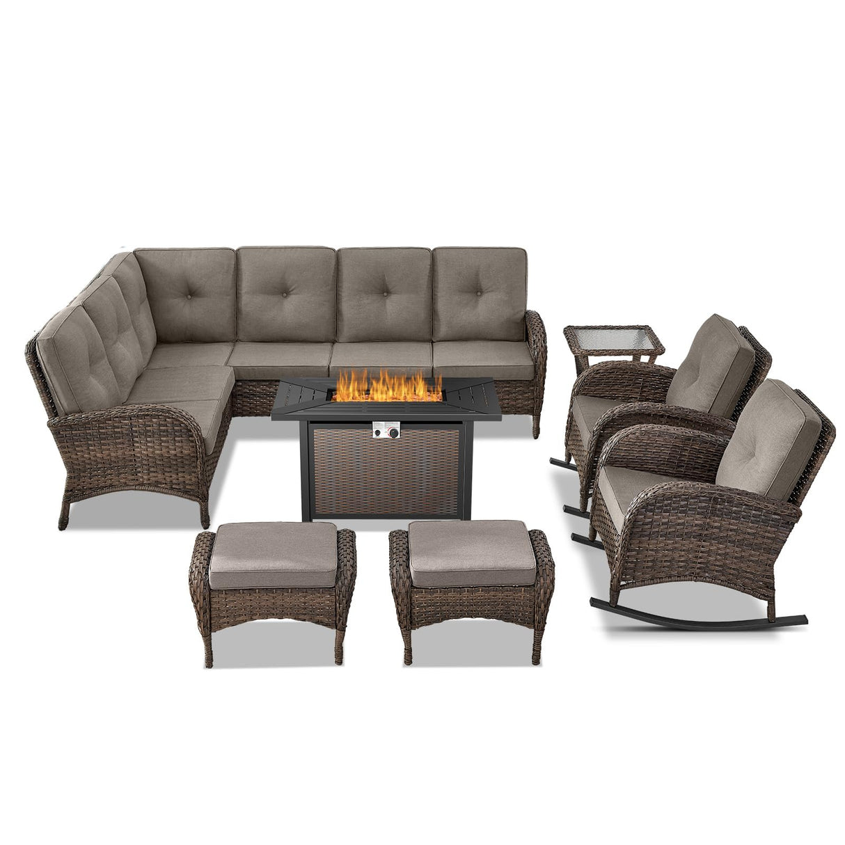 Belord 8 Pieces Patio Conversation Set with 43” Propane Fire Pit Table, Outdoor Sectional Furniture Sofa Set with Removable Gray Cushions for Patio Deck Backyard Brown Belord