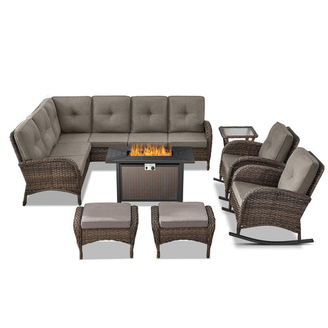 Belord 8 Pieces Patio Conversation Set with 43” Propane Fire Pit Table, Outdoor Sectional Furniture Sofa Set with Removable Gray Cushions for Patio Deck Backyard Brown Belord