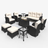 LayinSun 10 Pieces Outdoor Patio Furniture Set with Fire Pit Table, Rattan Wicker Sectional Swivel Rocker Chairs Sets LayinSun