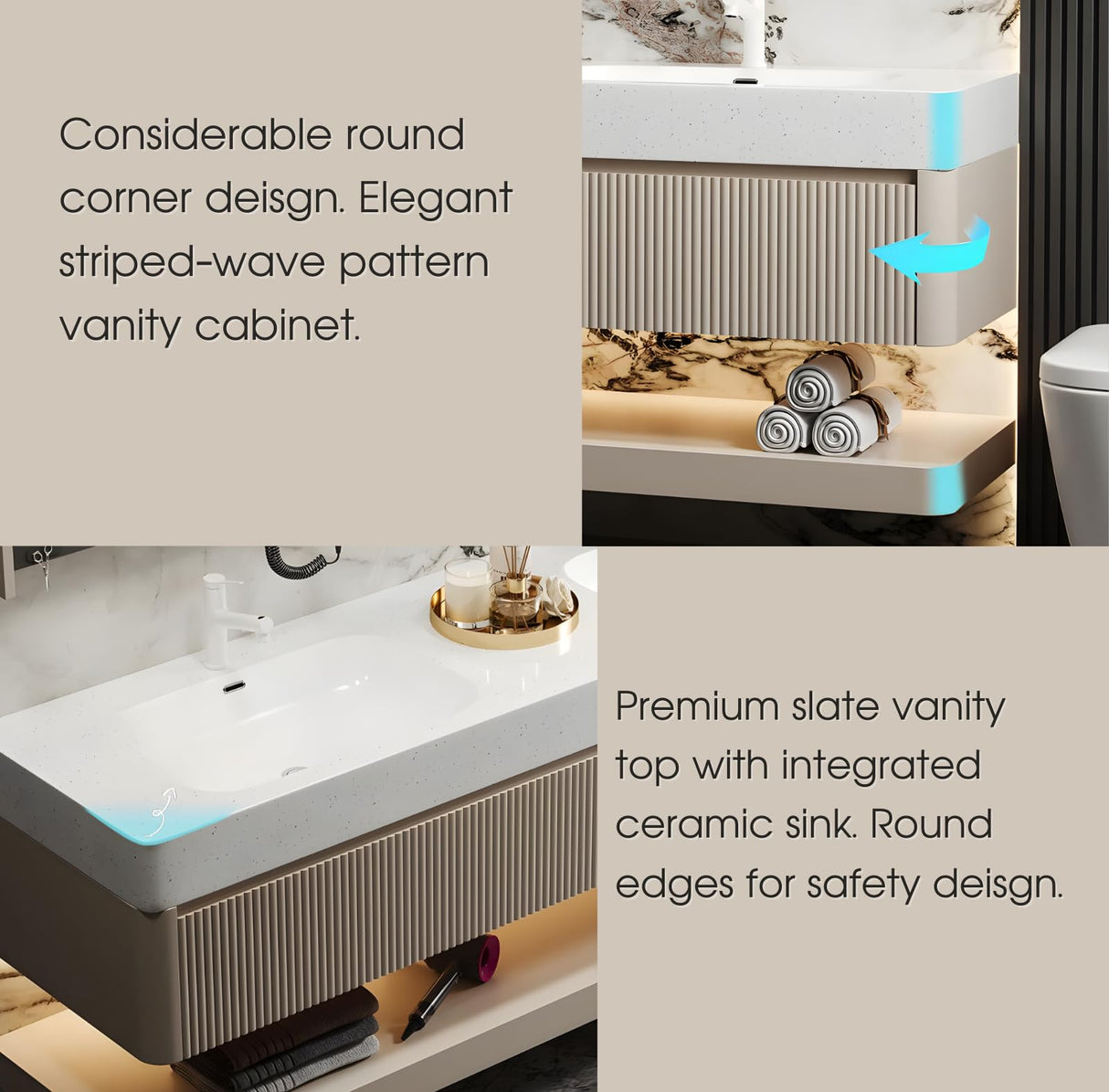 Bathroom Vanity with Double Sink, 60" Modern Bathroom Vanity Cabinet with Anti-Fog LED Mirror Cabinet, Solid Wood Floating Vanities with Dual Sink, Wall Mounted Bathroom Sink Vanity - Black Striped LUTHXAY