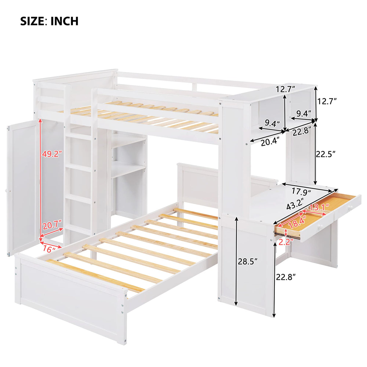 Loft Bed with Desk and Wardrobe Twin Over Twin Loft Bunk Beds Frame with Storage Drawers and Bookcase Wood All in One Beds for Kids Boys Girls Teens, White Bellemave
