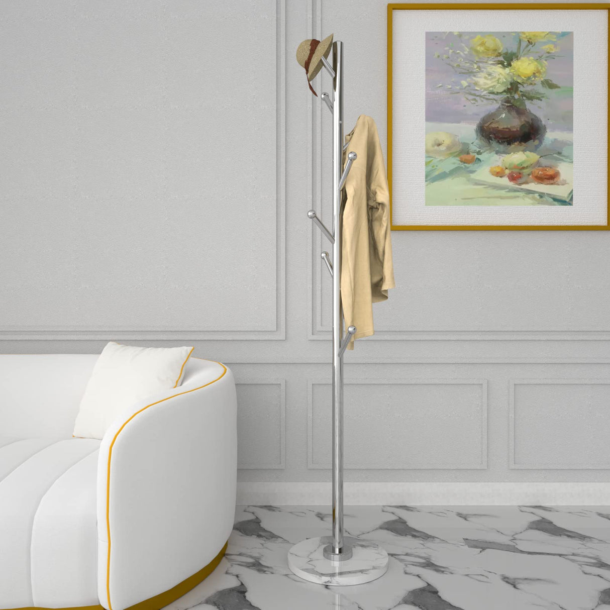 Homde Metal Coat Rack Stand with Natural Marble Base, Stainless Steel Freestanding Coat Tree Hanger with 8 Hooks, Hall Tree for Clothes Jackets Hat Scarves Handbags Entryway Bedroom (Silver) Homde