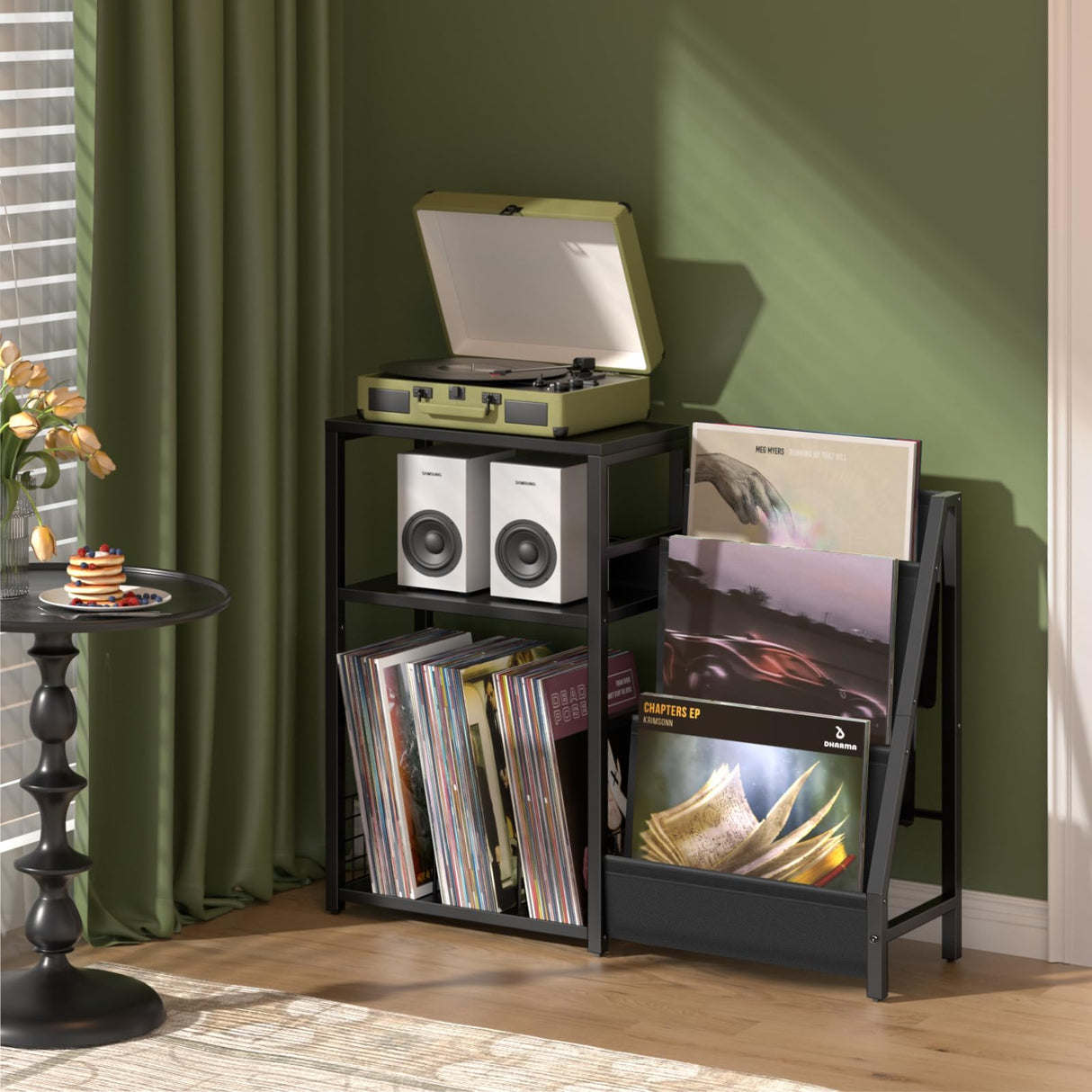LELELINKY Black End Table,Record Player Stand with Vinyl Storage,3 Tier Side Table with Display Shelf Storage Up to 150 Albums,Industrial Large Record Holder Cabinet for Living Room LELELINKY