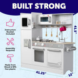 Play Kitchen - Wooden Kitchen Playset for Toddlers and Big Kids - Mini Pretend Toy for Boys and Girls with Cooking Stove, Oven, Pots, Pans, Phone, Microwave, Fridge, Sink, Utensils - Ages 3-8 KIDDERY TOYS