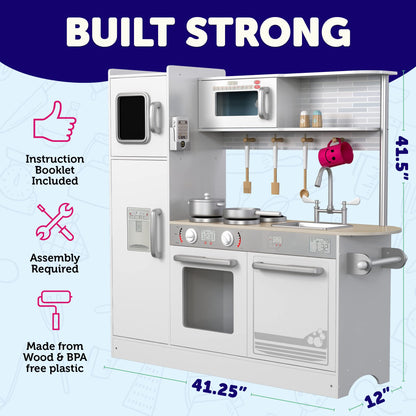 Play Kitchen - Wooden Kitchen Playset for Toddlers and Big Kids - Mini Pretend Toy for Boys and Girls with Cooking Stove, Oven, Pots, Pans, Phone, Microwave, Fridge, Sink, Utensils - Ages 3-8 - WoodArtSupply