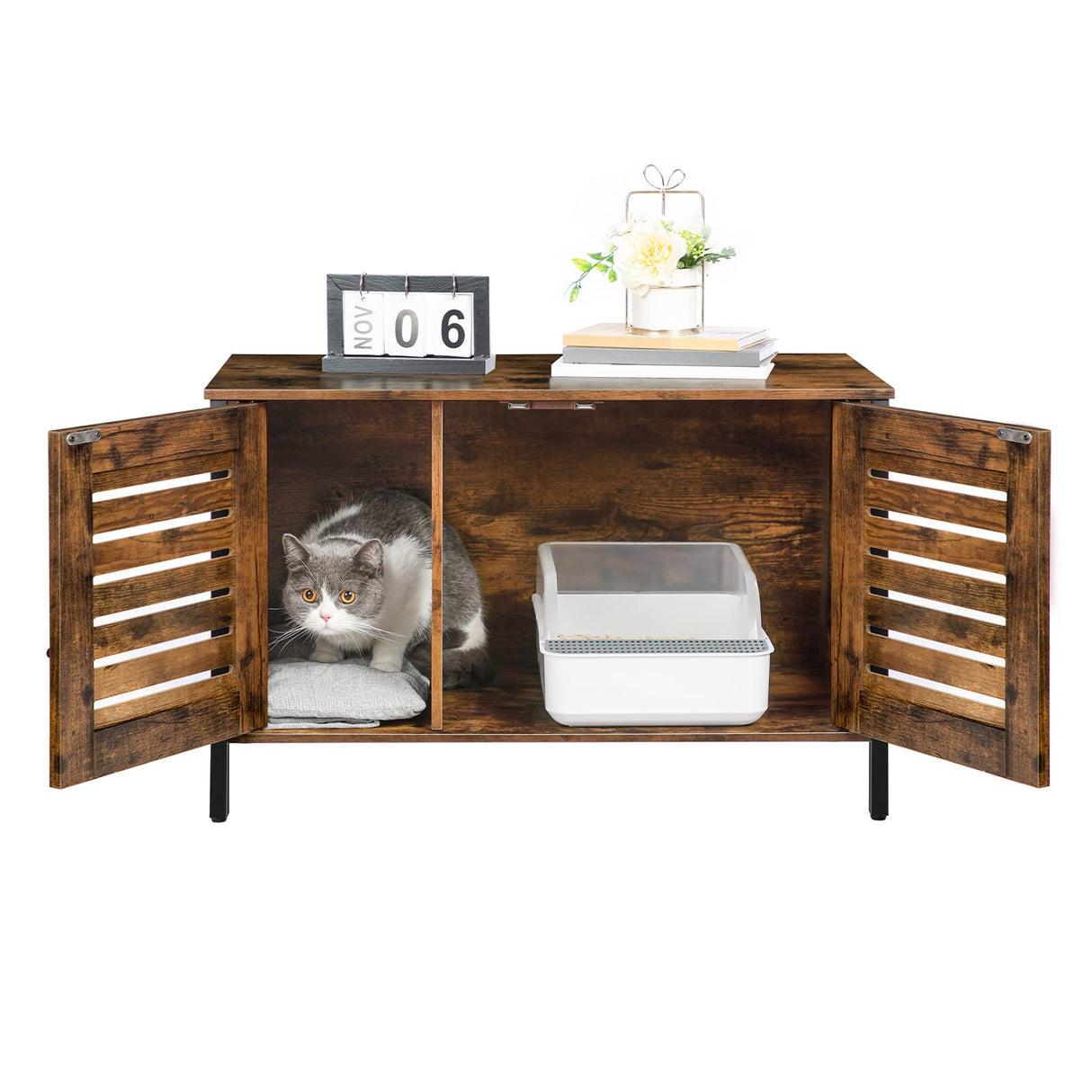 HOOBRO Cat Litter Box Enclosure, Hidden Litter Box Furniture with Shutter Door and Head Mat, Cat Litter Box Furniture Fit Most of Litter Box, 31.5''L x 17.7''W x 19.9''H, Rustic Brown BF06MW01 HOOBRO