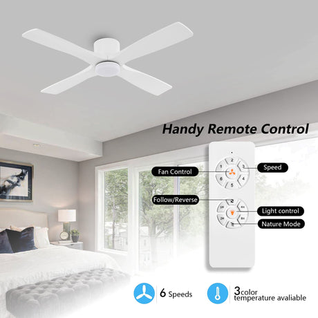 WINGBO 54 Inch Flush Mount DC Ceiling Fan with Lights and Remote, 4 Reversible Carved Wood Blades, 6-Speed Noiseless DC Motor, Hugger Ceiling Fan in Gloss White with White Blades, ETL Listed WINGBO