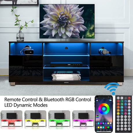 High Glossy LED Black TV Stand for 55/60/65 inch TV,Modern LED Entertainment Center with Adjustable Storage Shelves,Game Console Entertainment Center,TV Table Media Furniture (57inch, Black) Vinctik 6&Fox