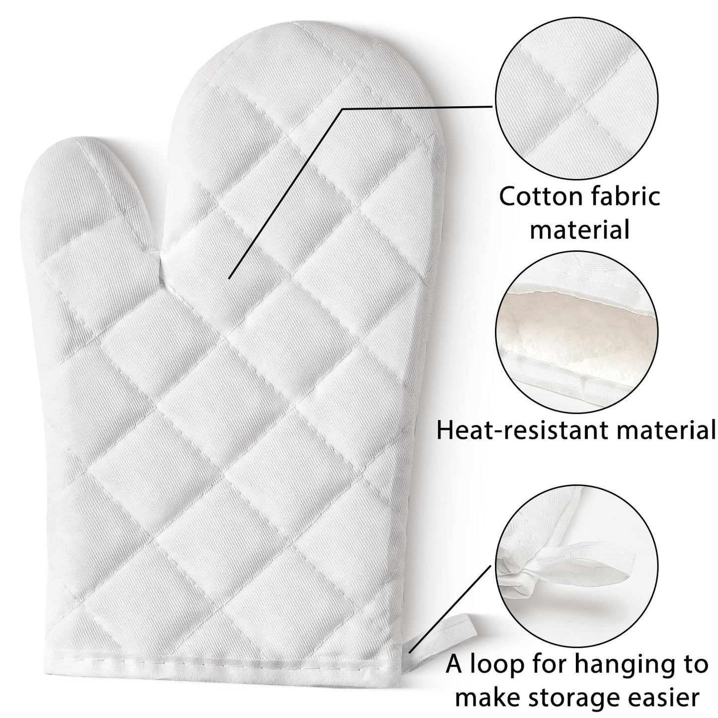 GROBRO7 6Pcs Cotton Oven Mitts and Pot Holders Set Heat Resistant Hot Pads Machine Washable BBQ Gloves with Hanging Loop Durable Pocket Pot Holder for Kitchen Baking Grilling Cooking White