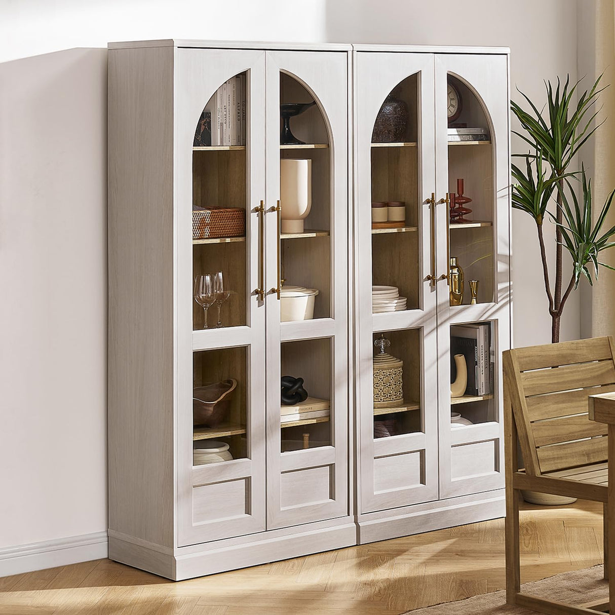 mopio Blake Tall Display Cabinet, Kitchen Buffet Pantry Cupboard, Trophy Display Case, Storage Cabinet Scratch Resistant Acrylic, Modern Farmhouse Curio Organizer (White Oak Arched, Single) mopio