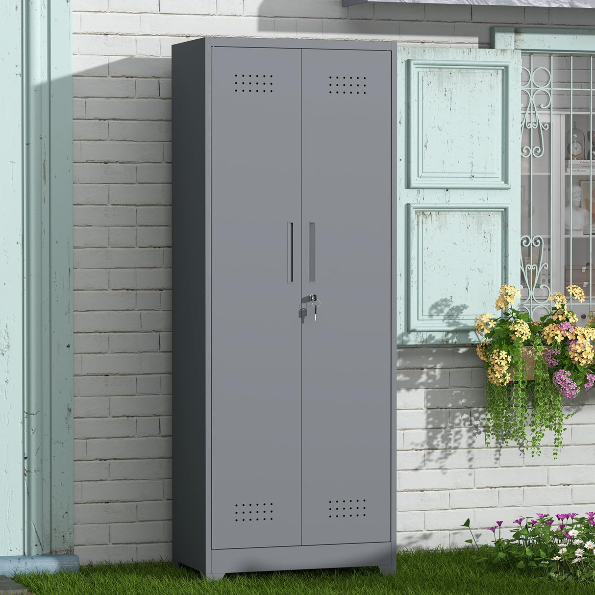 GREATMEET 65" Garage Storage Cabinet, Broom Closet Storage Cabinet, Metal Cabinets with Doors and Shelves, Utility Closet for Brooms and Mops, Utility Cabinets for Storage, Grey GREATMEET