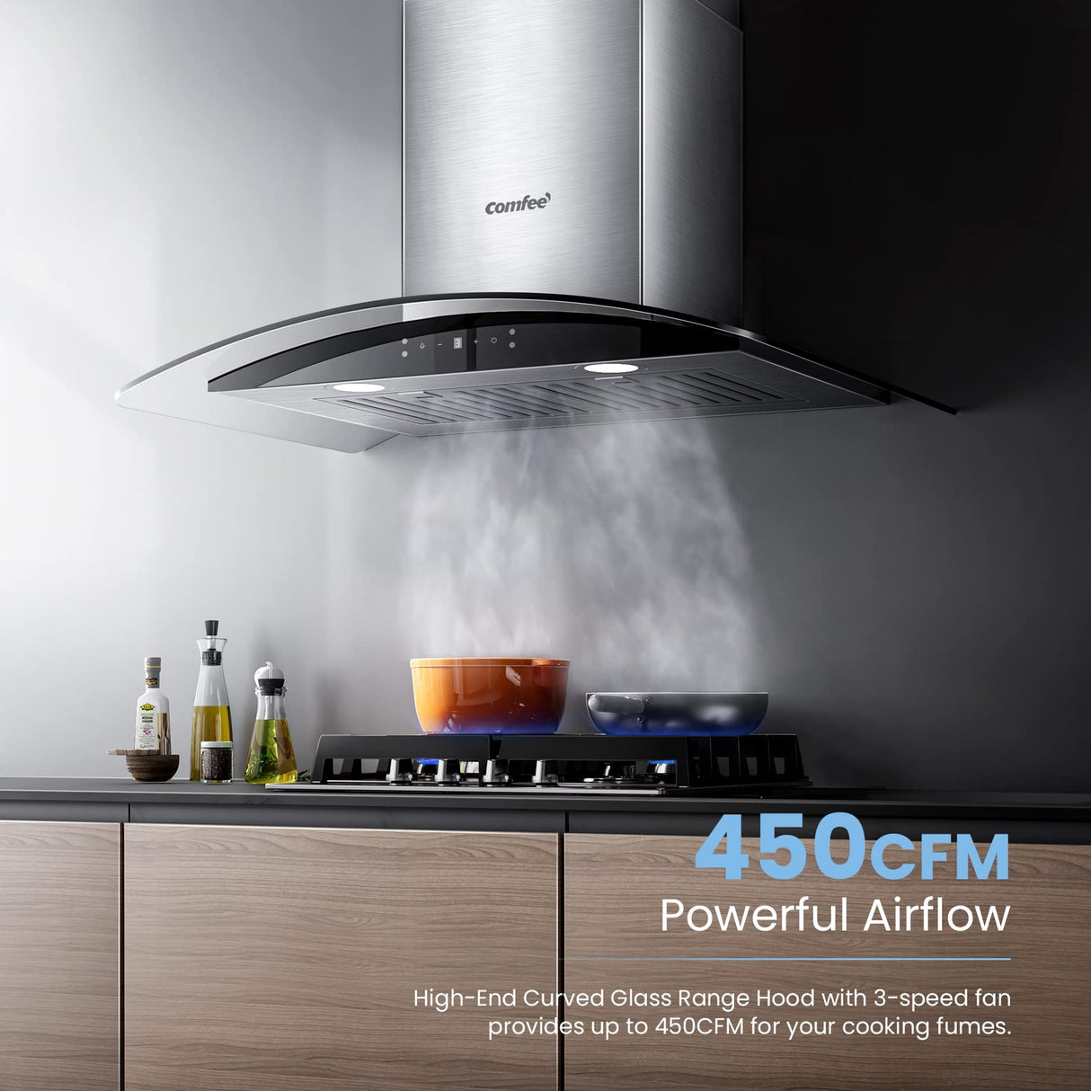 COMFEE Curved Glass Range Hood 30 Inch 450 CFM 3 Speed Gesture Sensing &Touch Control Panel Stainless Steel kitchen Ductless/Ducted Convertible with Baffle Filters and 2 LED Lights (CVG30W9AST) COMFEE'