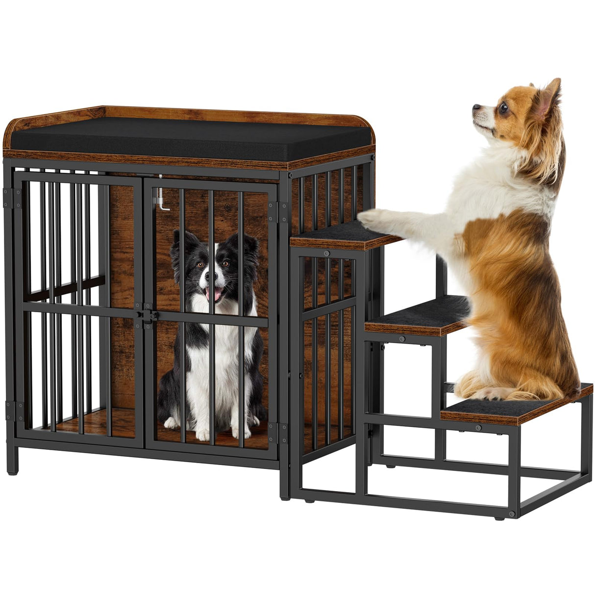 Snughome Dog Crate Furniture with Stairs, 41.73‘’ Wooden Dog Kennel Indoor with Double Doors, Furniture Style Dog Crate with Cushion for Dogs, Heavy Duty Dog Cage for Small/Medium Dogs, Rustic Brown Snughome