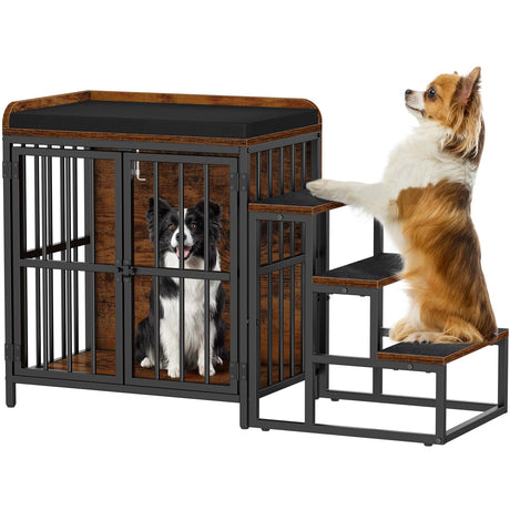 Snughome Dog Crate Furniture with Stairs, 41.73‘’ Wooden Dog Kennel Indoor with Double Doors, Furniture Style Dog Crate with Cushion for Dogs, Heavy Duty Dog Cage for Small/Medium Dogs, Rustic Brown Snughome