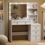 YaoYaoJia Vanity Desk with Mirror and Lights, 39.4" White Makeup Vanity with Glass Top,Dressing Table with 4 Drawers,Charging Station, 3 Lighting Modes for Women Bedroom YaoYaoJia