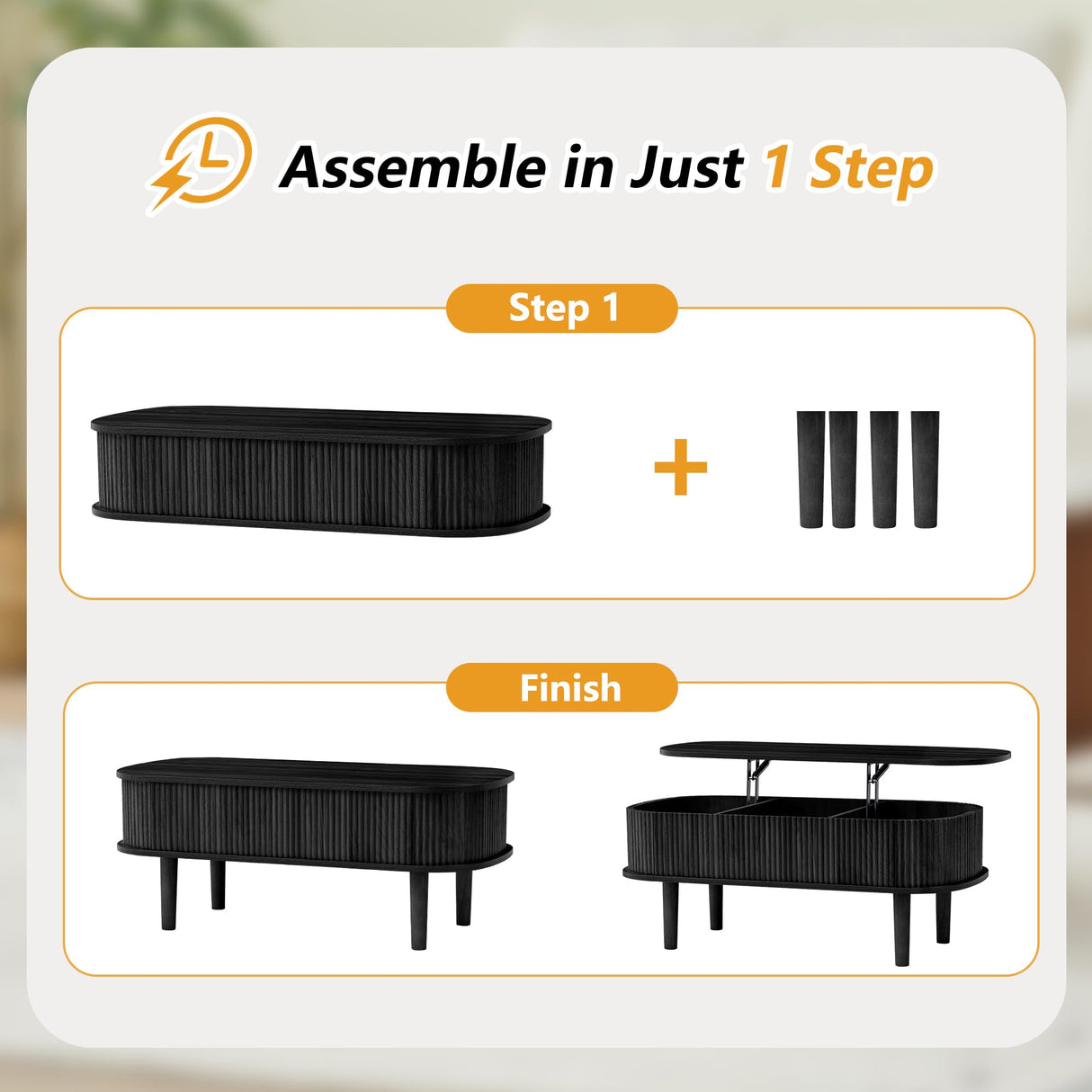 Fluted Lift Top Coffee Table with Hidden Compartment, Fully Assembled Wooden Center Table, Modern Oval Lift Tabletop for Home Living Room Office, Black ORRD