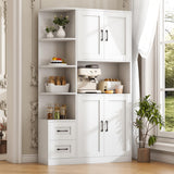 CBBPET 71" Pantry Cabinet with 5-Tier Open Shelf, Tall Kitchen Pantry Storage Cabinet with Microwave Stand, Farmhouse Kitchen Hutch with Storage Drawers for Living Room, Dining Room, White CBBPET