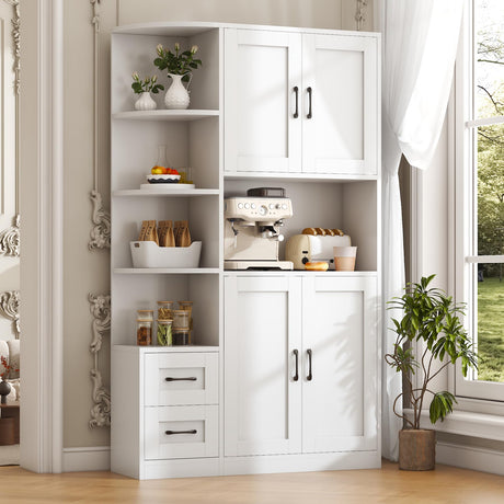 CBBPET 71" Pantry Cabinet with 5-Tier Open Shelf, Tall Kitchen Pantry Storage Cabinet with Microwave Stand, Farmhouse Kitchen Hutch with Storage Drawers for Living Room, Dining Room, White CBBPET