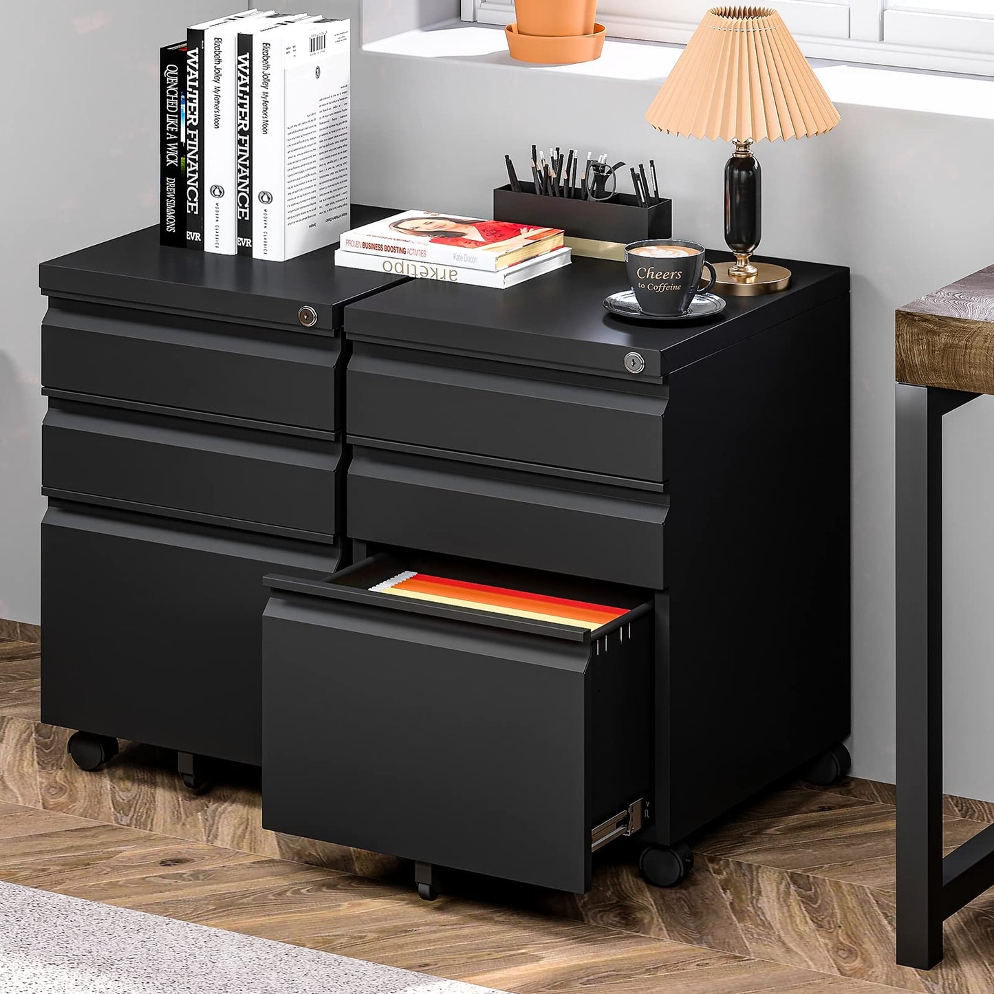 Yizosh 3 Drawer Mobile File Cabinet with Lock, Black Under Desk Rolling Filing Cabinet, Metal Locking File Cabinet on Wheels for Legal/Letter/A4 File (Full Assemble) - WoodArtSupply