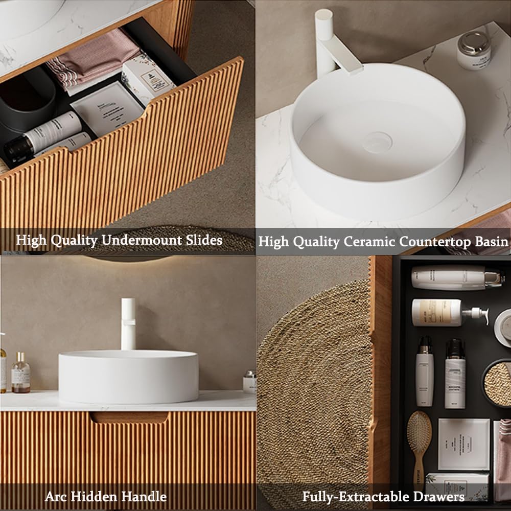 30'' Bathroom Vanities Cabinet with Sink Combo, Wall Mounted Floating Cabinet W/Curved Edges Stripes, Oak Plywood, Soft-close System with a Drawer, White Round Ceramic Basin - Kiel, Natural Wood RAINLUX